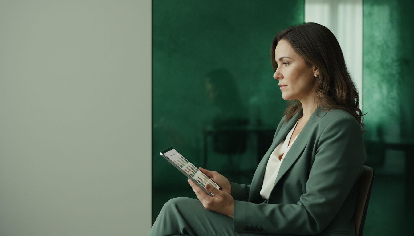 Executiva de uma marca financeira analisando campanhas