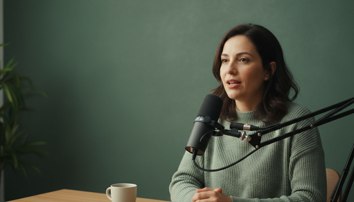 Criadora gravando um podcast de finanças